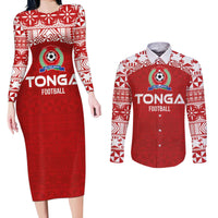 Custom Tonga Football Ngatu Tribal Tattoo Couples Matching Long Sleeve Bodycon Dress and Long Sleeve Button Shirt LT03 Red - Polynesian Pride