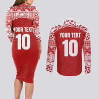 Custom Tonga Football Ngatu Tribal Tattoo Couples Matching Long Sleeve Bodycon Dress and Long Sleeve Button Shirt LT03 - Polynesian Pride