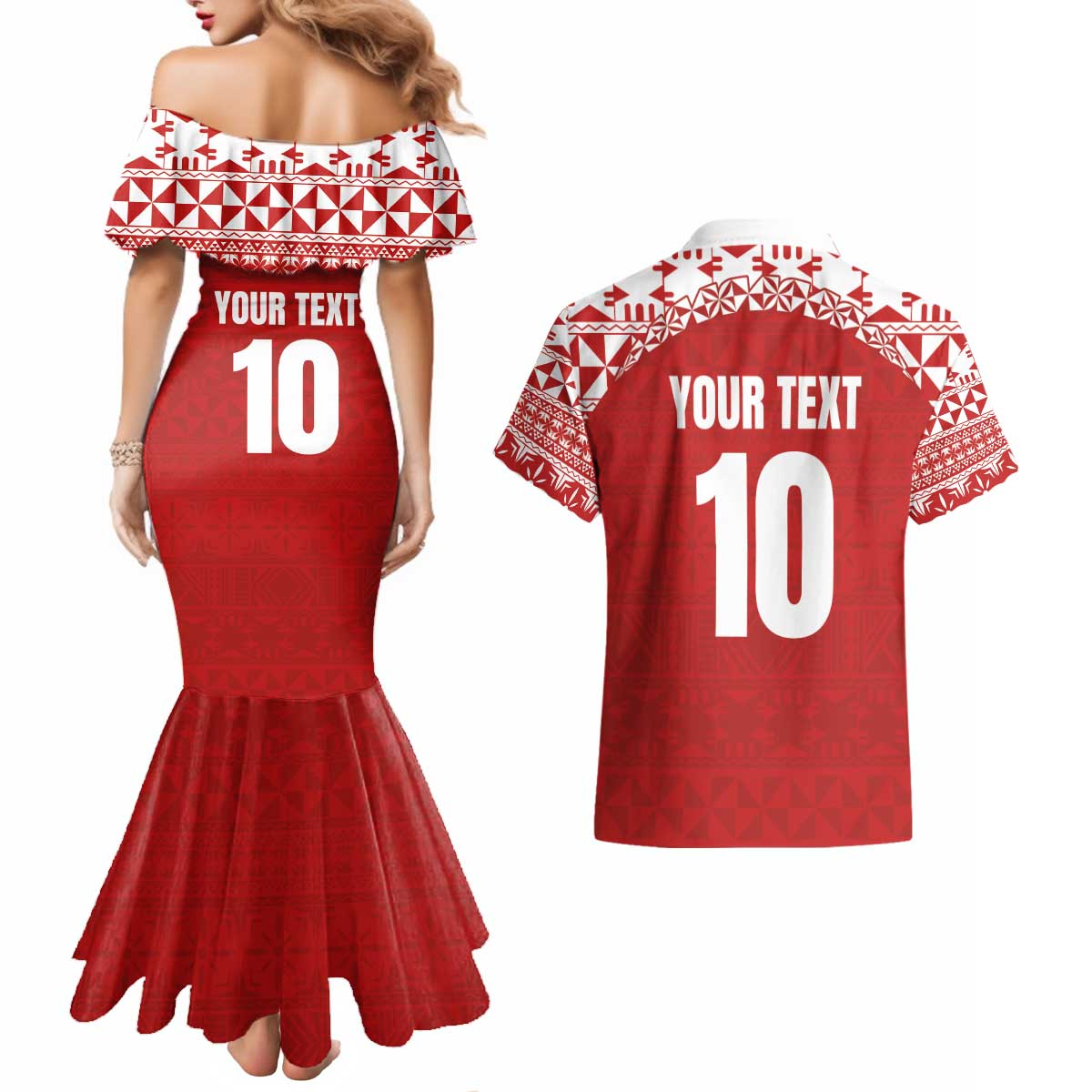 Custom Tonga Football Ngatu Tribal Tattoo Couples Matching Mermaid Dress and Hawaiian Shirt LT03 - Polynesian Pride