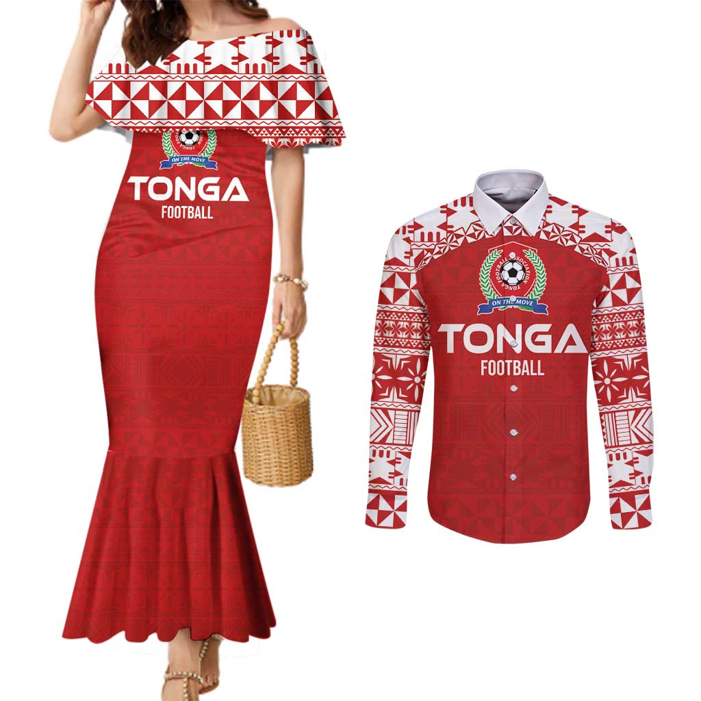 Custom Tonga Football Ngatu Tribal Tattoo Couples Matching Mermaid Dress and Long Sleeve Button Shirt LT03 Red - Polynesian Pride