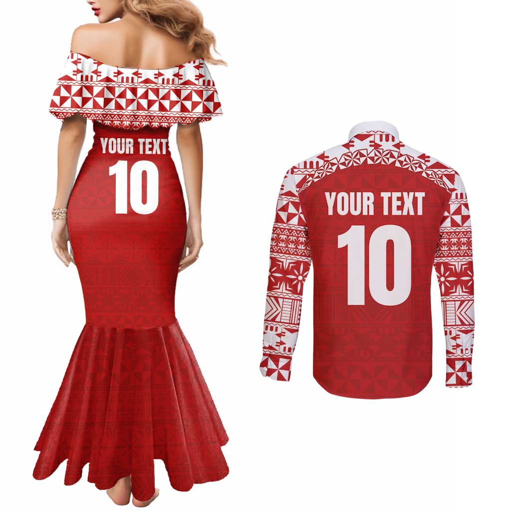 Custom Tonga Football Ngatu Tribal Tattoo Couples Matching Mermaid Dress and Long Sleeve Button Shirt LT03 - Polynesian Pride