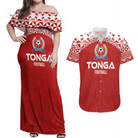 Custom Tonga Football Ngatu Tribal Tattoo Couples Matching Off Shoulder Maxi Dress and Hawaiian Shirt LT03 Red - Polynesian Pride