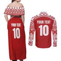Custom Tonga Football Ngatu Tribal Tattoo Couples Matching Off Shoulder Maxi Dress and Long Sleeve Button Shirt LT03 - Polynesian Pride