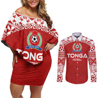Custom Tonga Football Ngatu Tribal Tattoo Couples Matching Off Shoulder Short Dress and Long Sleeve Button Shirt LT03 Red - Polynesian Pride