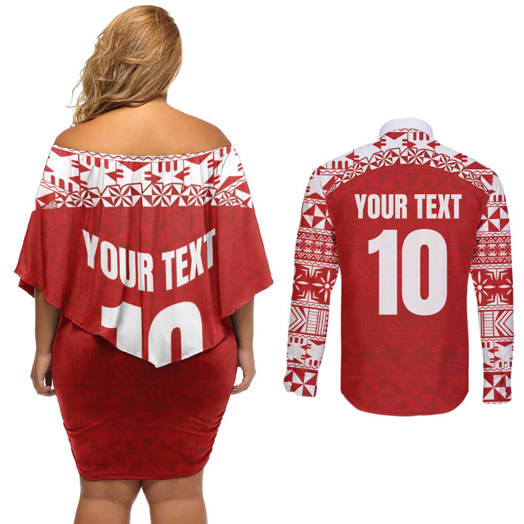 Custom Tonga Football Ngatu Tribal Tattoo Couples Matching Off Shoulder Short Dress and Long Sleeve Button Shirt LT03 - Polynesian Pride