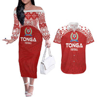 Custom Tonga Football Ngatu Tribal Tattoo Couples Matching Off The Shoulder Long Sleeve Dress and Hawaiian Shirt LT03 Red - Polynesian Pride