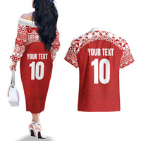 Custom Tonga Football Ngatu Tribal Tattoo Couples Matching Off The Shoulder Long Sleeve Dress and Hawaiian Shirt LT03 - Polynesian Pride