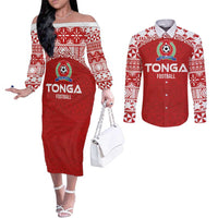Custom Tonga Football Ngatu Tribal Tattoo Couples Matching Off The Shoulder Long Sleeve Dress and Long Sleeve Button Shirt LT03 Red - Polynesian Pride