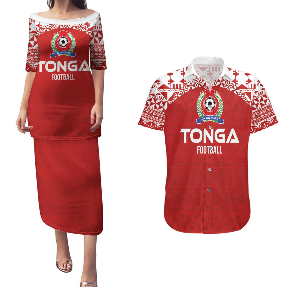 Custom Tonga Football Ngatu Tribal Tattoo Couples Matching Puletasi and Hawaiian Shirt LT03 Red - Polynesian Pride