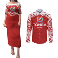 Custom Tonga Football Ngatu Tribal Tattoo Couples Matching Puletasi and Long Sleeve Button Shirt LT03 Red - Polynesian Pride