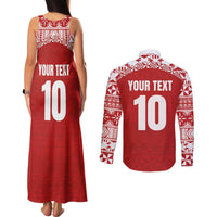 Custom Tonga Football Ngatu Tribal Tattoo Couples Matching Tank Maxi Dress and Long Sleeve Button Shirt LT03 - Polynesian Pride