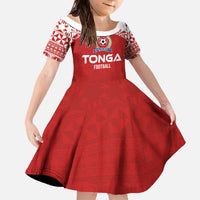 Custom Tonga Football Ngatu Tribal Tattoo Family Matching Off The Shoulder Long Sleeve Dress and Hawaiian Shirt LT03 Daughter's Dress Red - Polynesian Pride