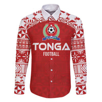 Custom Tonga Football Ngatu Tribal Tattoo Family Matching Off The Shoulder Long Sleeve Dress and Hawaiian Shirt LT03 Dad's Shirt - Long Sleeve Red - Polynesian Pride