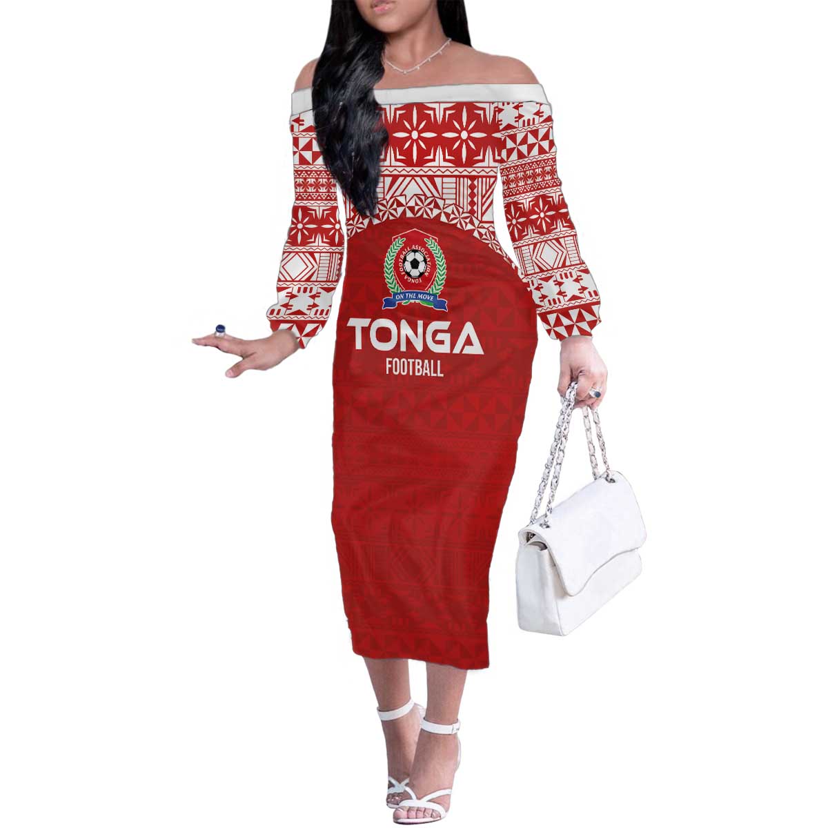 Custom Tonga Football Ngatu Tribal Tattoo Family Matching Off The Shoulder Long Sleeve Dress and Hawaiian Shirt LT03 Mom's Dress Red - Polynesian Pride