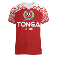 Custom Tonga Football Ngatu Tribal Tattoo Women V-Neck T-Shirt LT03 Female Red - Polynesian Pride