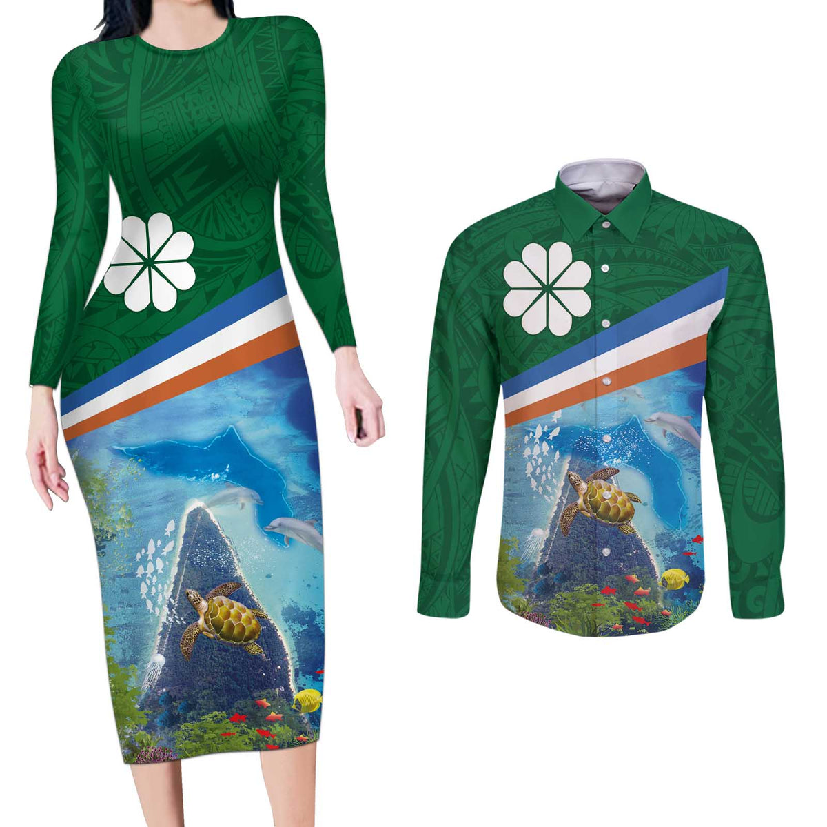 Marshall Islands Kwajalein Atoll Couples Matching Long Sleeve Bodycon Dress and Long Sleeve Button Shirt Polynesian Pattern and Undersea Animals LT03 Blue - Polynesian Pride
