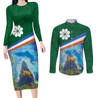 Marshall Islands Kwajalein Atoll Couples Matching Long Sleeve Bodycon Dress and Long Sleeve Button Shirt Polynesian Pattern and Undersea Animals LT03 Blue - Polynesian Pride
