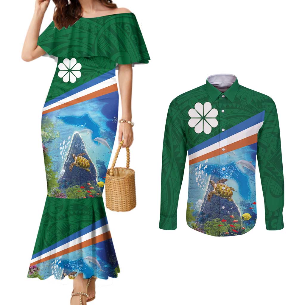 Marshall Islands Kwajalein Atoll Couples Matching Mermaid Dress and Long Sleeve Button Shirt Polynesian Pattern and Undersea Animals LT03 Blue - Polynesian Pride