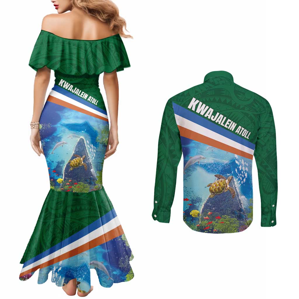 Marshall Islands Kwajalein Atoll Couples Matching Mermaid Dress and Long Sleeve Button Shirt Polynesian Pattern and Undersea Animals LT03 - Polynesian Pride