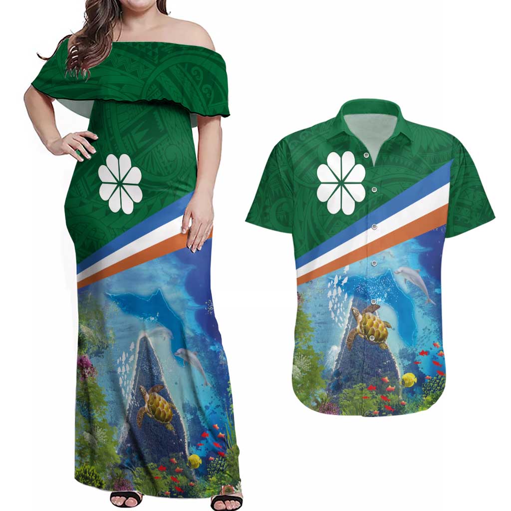 Marshall Islands Kwajalein Atoll Couples Matching Off Shoulder Maxi Dress and Hawaiian Shirt Polynesian Pattern and Undersea Animals LT03 Blue - Polynesian Pride