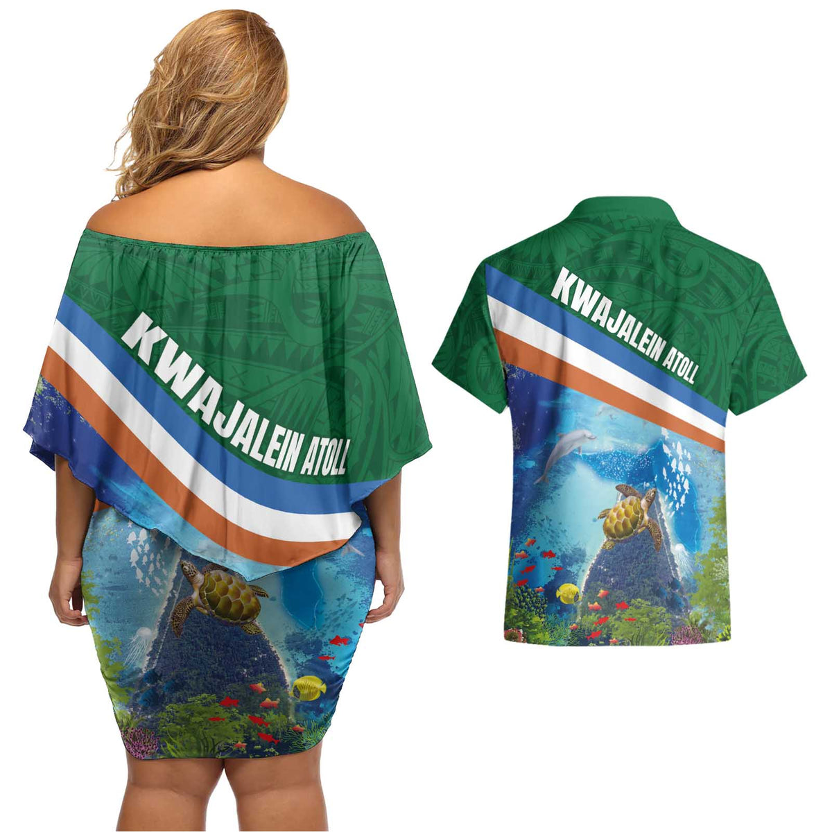 Marshall Islands Kwajalein Atoll Couples Matching Off Shoulder Short Dress and Hawaiian Shirt Polynesian Pattern and Undersea Animals LT03 - Polynesian Pride