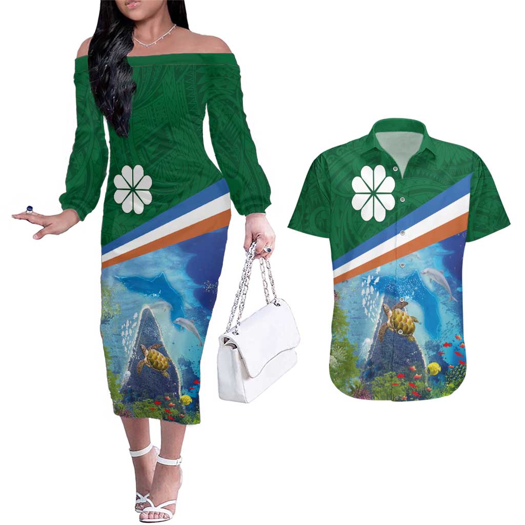 Marshall Islands Kwajalein Atoll Couples Matching Off The Shoulder Long Sleeve Dress and Hawaiian Shirt Polynesian Pattern and Undersea Animals LT03 Blue - Polynesian Pride