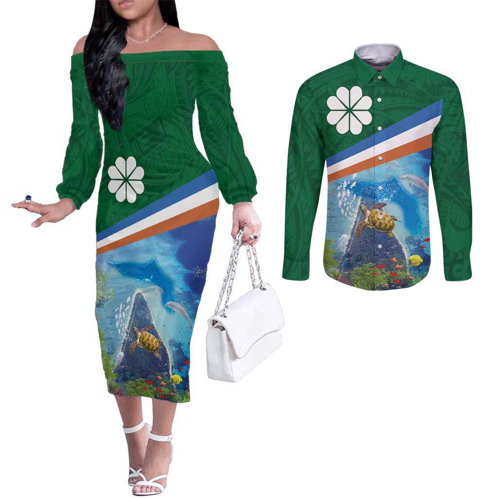 Marshall Islands Kwajalein Atoll Couples Matching Off The Shoulder Long Sleeve Dress and Long Sleeve Button Shirt Polynesian Pattern and Undersea Animals LT03 Blue - Polynesian Pride