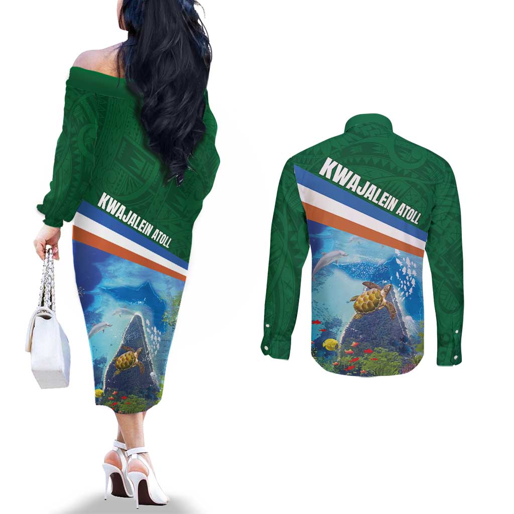 Marshall Islands Kwajalein Atoll Couples Matching Off The Shoulder Long Sleeve Dress and Long Sleeve Button Shirt Polynesian Pattern and Undersea Animals LT03 - Polynesian Pride