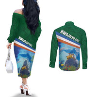Marshall Islands Kwajalein Atoll Couples Matching Off The Shoulder Long Sleeve Dress and Long Sleeve Button Shirt Polynesian Pattern and Undersea Animals LT03 - Polynesian Pride