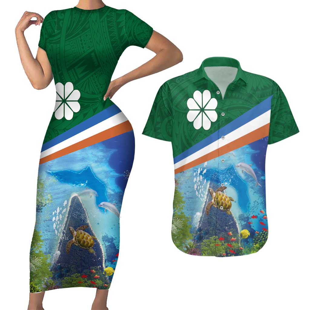 Marshall Islands Kwajalein Atoll Couples Matching Short Sleeve Bodycon Dress and Hawaiian Shirt Polynesian Pattern and Undersea Animals LT03 Blue - Polynesian Pride
