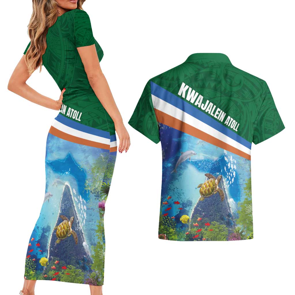Marshall Islands Kwajalein Atoll Couples Matching Short Sleeve Bodycon Dress and Hawaiian Shirt Polynesian Pattern and Undersea Animals LT03 - Polynesian Pride