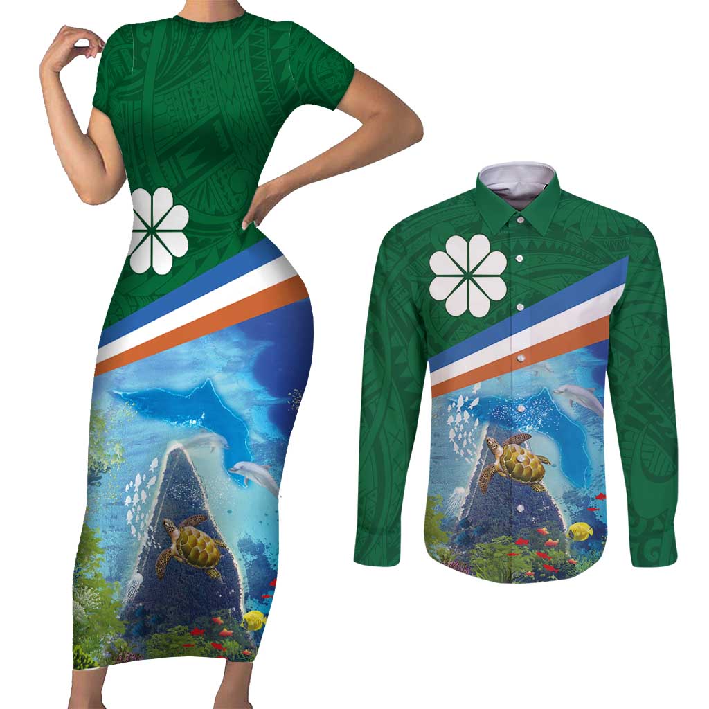Marshall Islands Kwajalein Atoll Couples Matching Short Sleeve Bodycon Dress and Long Sleeve Button Shirt Polynesian Pattern and Undersea Animals LT03 Blue - Polynesian Pride