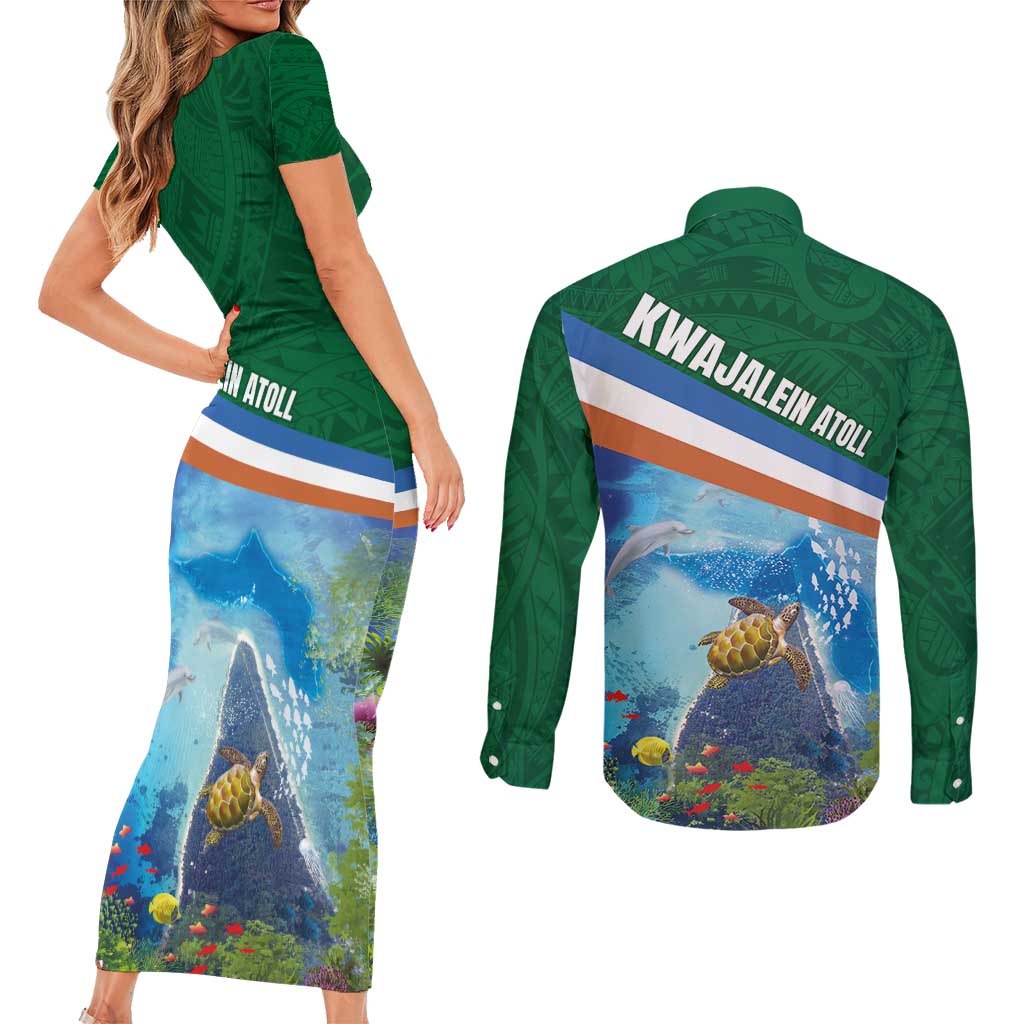 Marshall Islands Kwajalein Atoll Couples Matching Short Sleeve Bodycon Dress and Long Sleeve Button Shirt Polynesian Pattern and Undersea Animals LT03 - Polynesian Pride