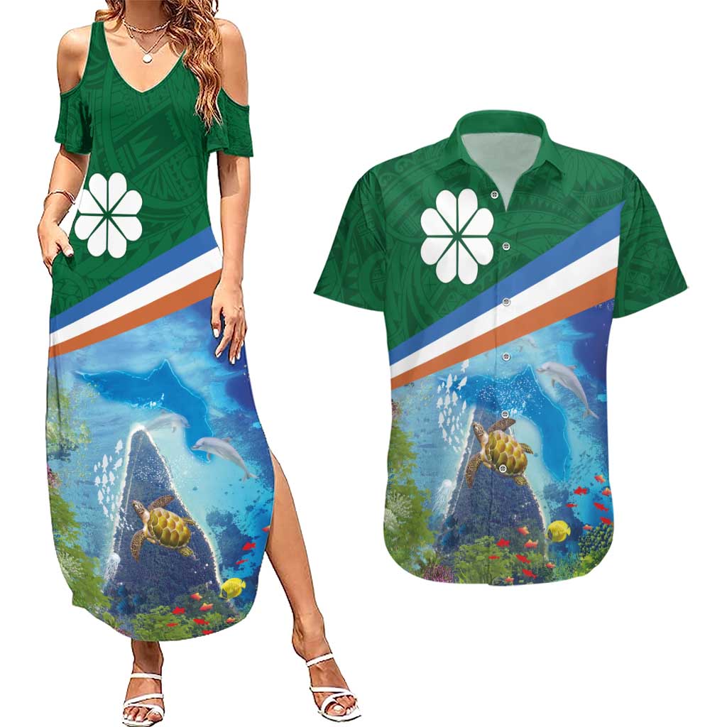 Marshall Islands Kwajalein Atoll Couples Matching Summer Maxi Dress and Hawaiian Shirt Polynesian Pattern and Undersea Animals LT03 Blue - Polynesian Pride
