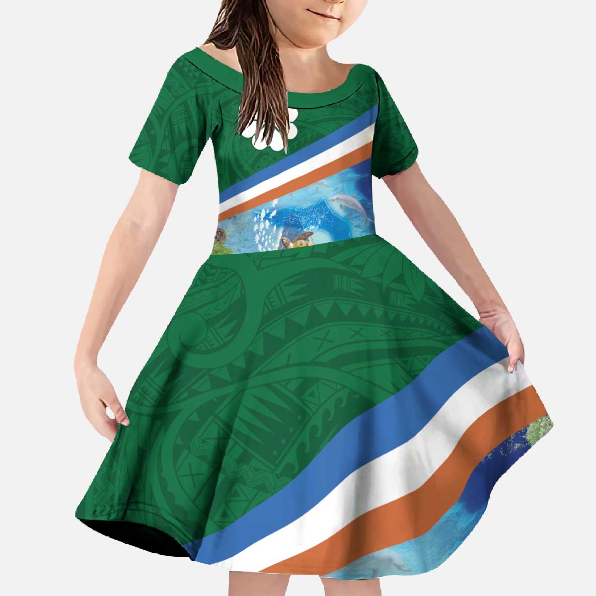 Marshall Islands Kwajalein Atoll Family Matching Off The Shoulder Long Sleeve Dress and Hawaiian Shirt Polynesian Pattern and Undersea Animals LT03 Daughter's Dress Blue - Polynesian Pride