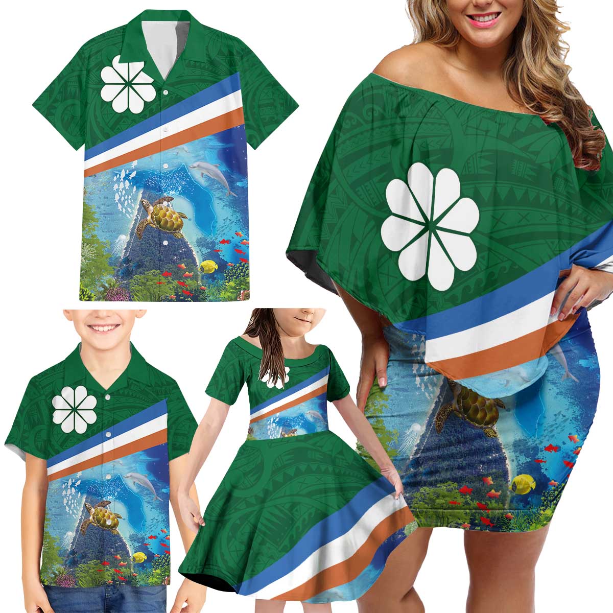 Marshall Islands Kwajalein Atoll Family Matching Off Shoulder Short Dress and Hawaiian Shirt Polynesian Pattern and Undersea Animals LT03 - Polynesian Pride