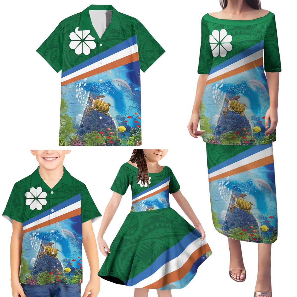 Marshall Islands Kwajalein Atoll Family Matching Puletasi and Hawaiian Shirt Polynesian Pattern and Undersea Animals LT03 - Polynesian Pride