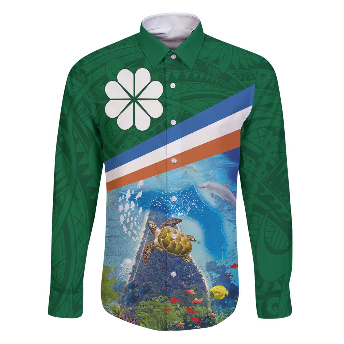 Marshall Islands Kwajalein Atoll Family Matching Puletasi and Hawaiian Shirt Polynesian Pattern and Undersea Animals LT03 Dad's Shirt - Long Sleeve Blue - Polynesian Pride