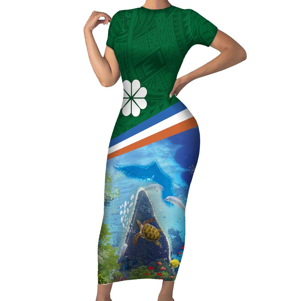 Marshall Islands Kwajalein Atoll Family Matching Short Sleeve Bodycon Dress and Hawaiian Shirt Polynesian Pattern and Undersea Animals LT03 Mom's Dress Blue - Polynesian Pride