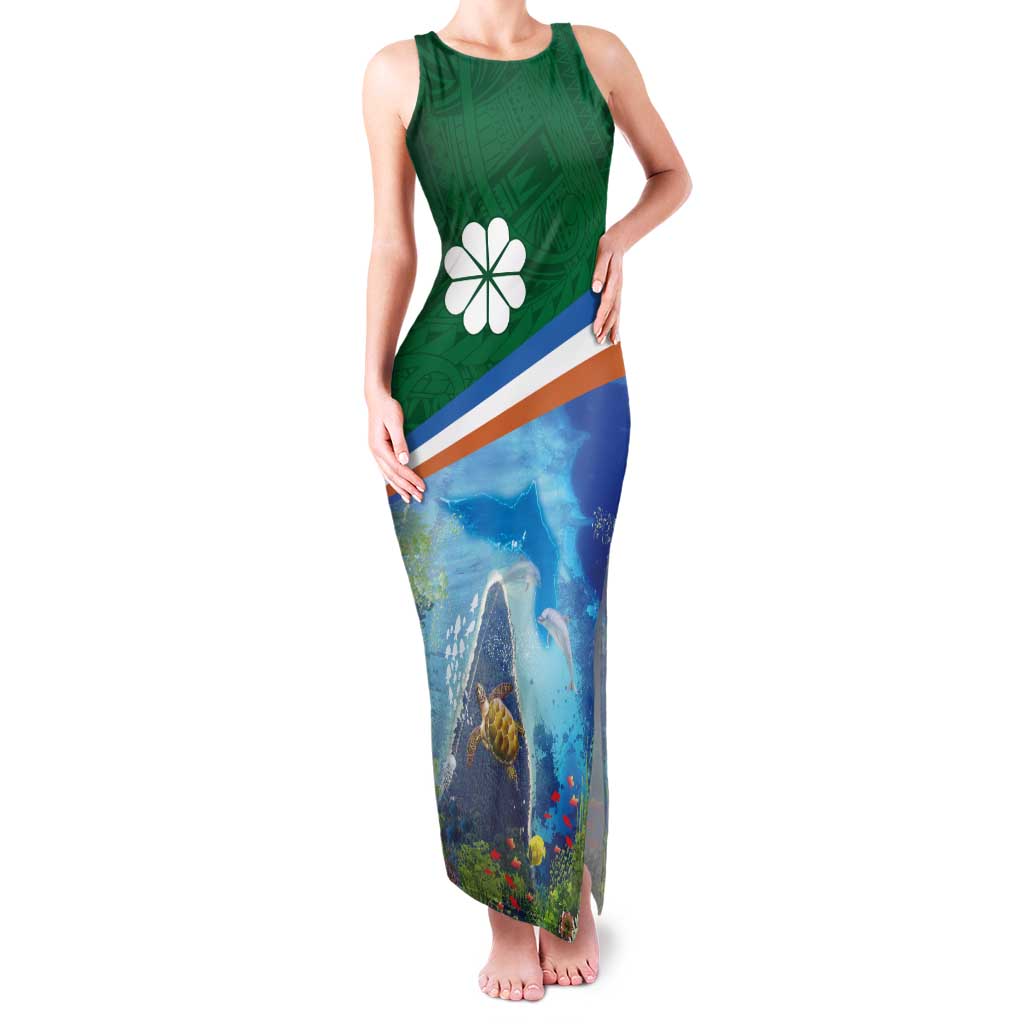 Marshall Islands Kwajalein Atoll Family Matching Tank Maxi Dress and Hawaiian Shirt Polynesian Pattern and Undersea Animals LT03 Mom's Dress Blue - Polynesian Pride