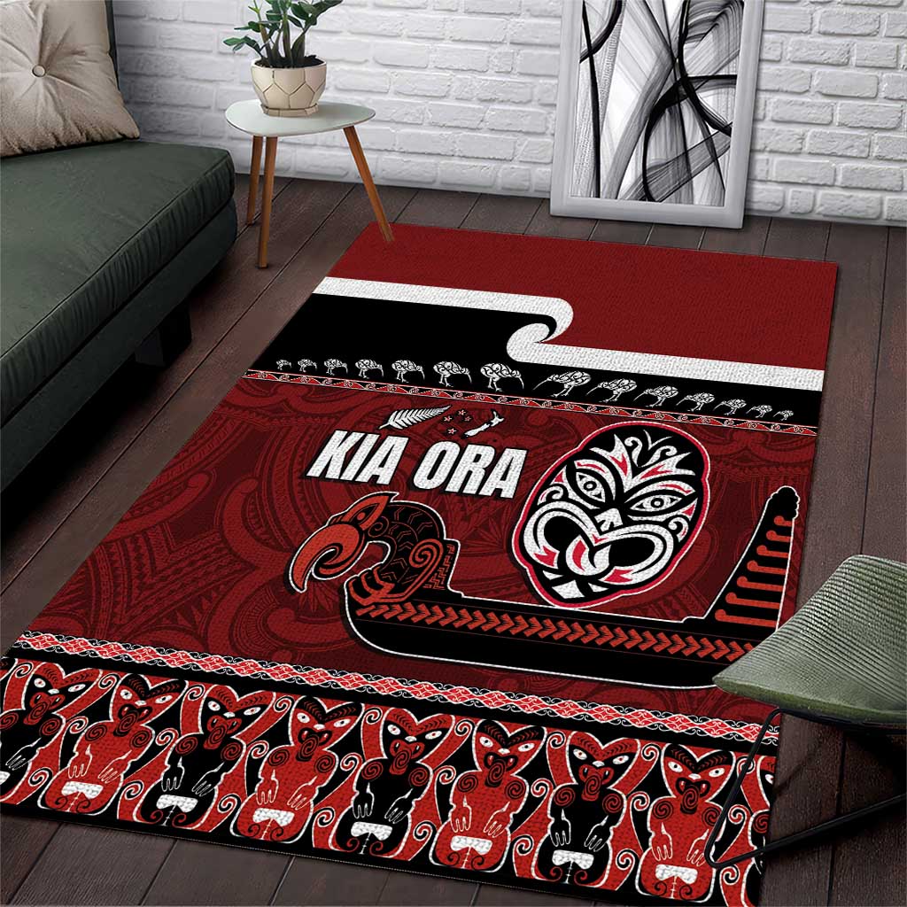 New Zealand Culture Area Rug Kia Ora Aotearoa Moko Tattoo Mask with Waka and Maori Art Pattern LT03 Red - Polynesian Pride