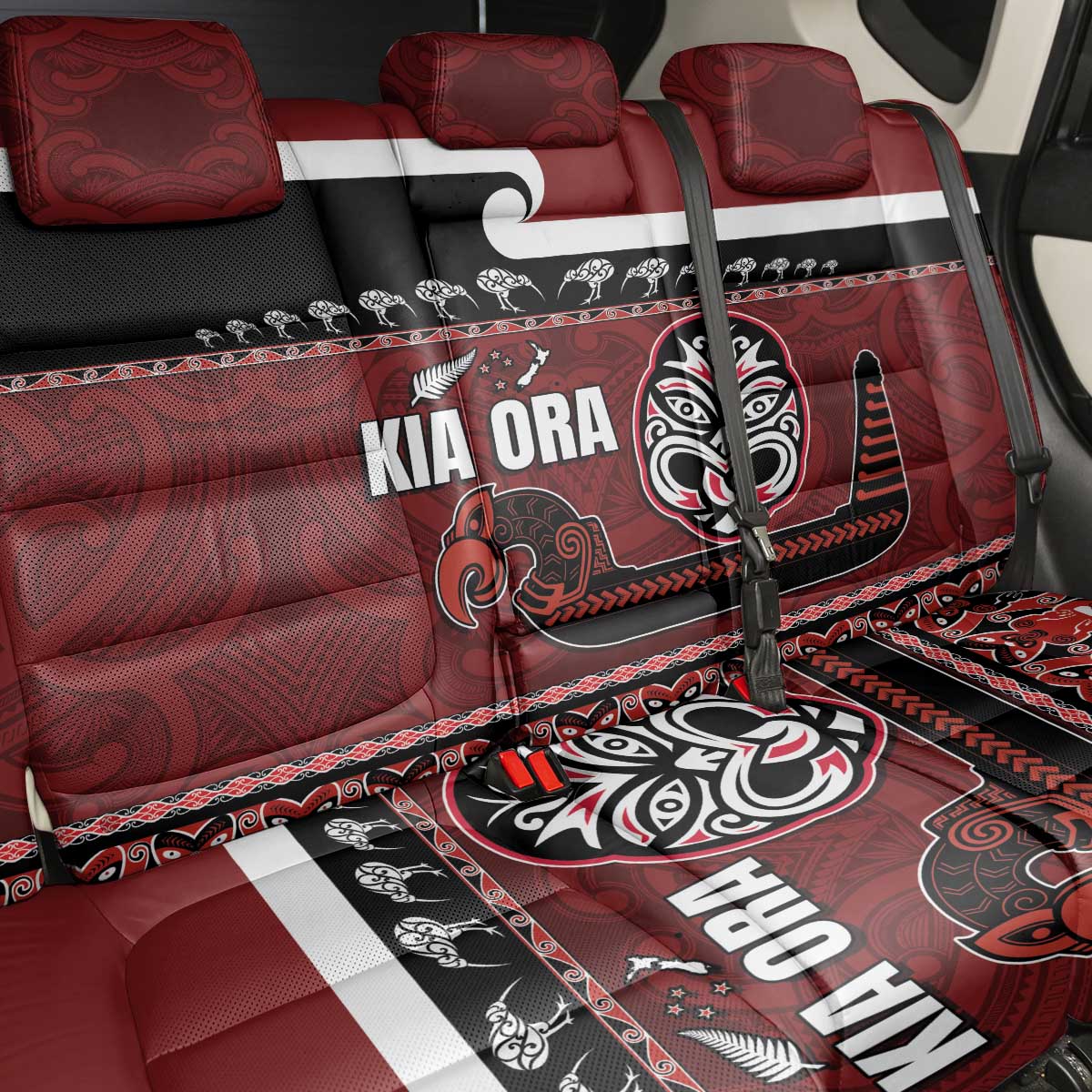 New Zealand Culture Back Car Seat Cover Kia Ora Aotearoa Moko Tattoo Mask with Waka and Maori Art Pattern LT03 - Polynesian Pride