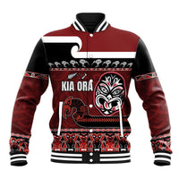 New Zealand Culture Baseball Jacket Kia Ora Aotearoa Moko Tattoo Mask with Waka and Maori Art Pattern LT03 Unisex Red - Polynesian Pride