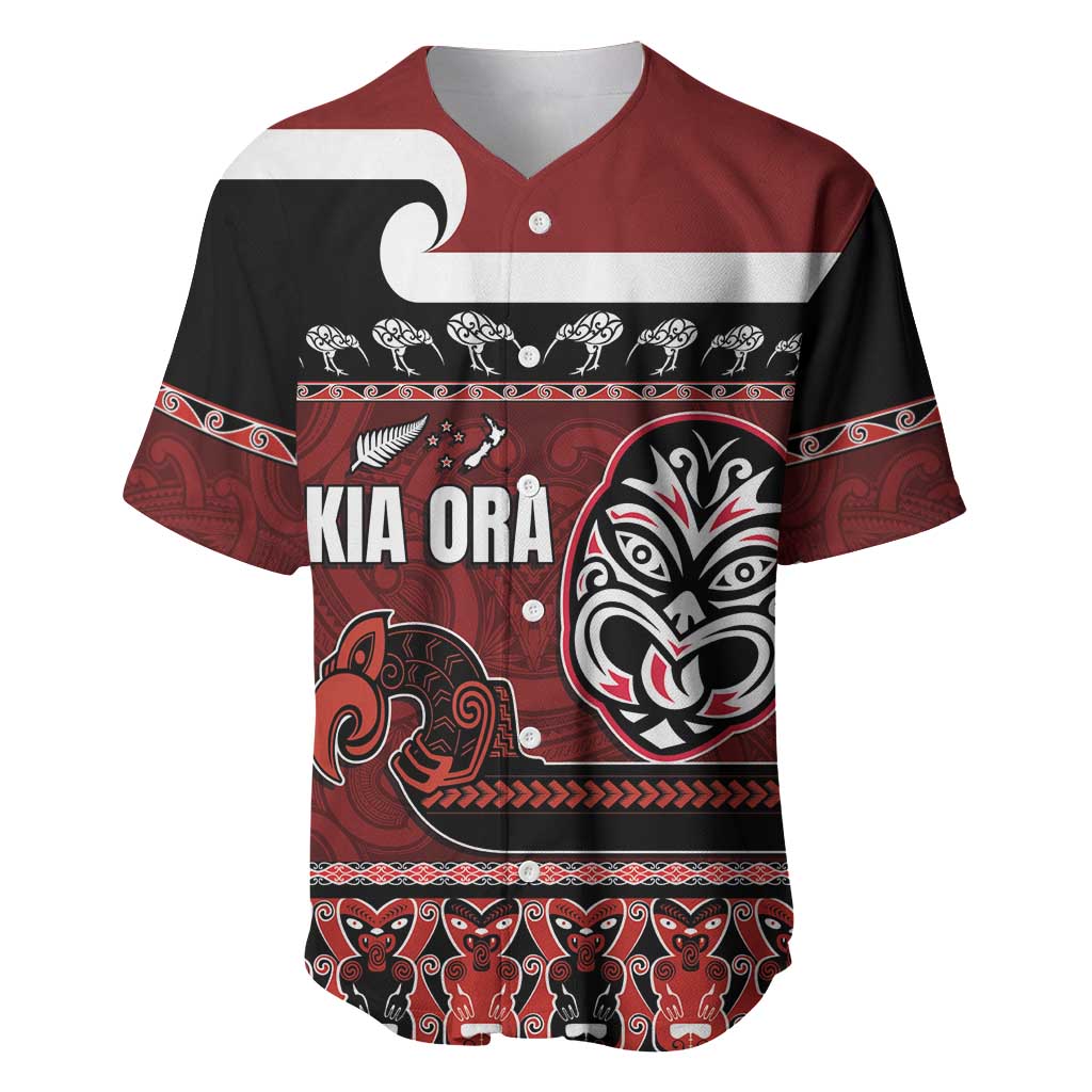 New Zealand Culture Baseball Jersey Kia Ora Aotearoa Moko Tattoo Mask with Waka and Maori Art Pattern LT03 Red - Polynesian Pride