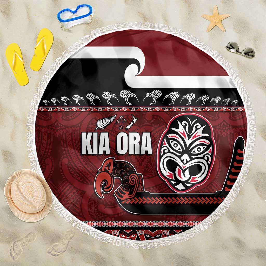 New Zealand Culture Beach Blanket Kia Ora Aotearoa Moko Tattoo Mask with Waka and Maori Art Pattern LT03 One Size 150cm Red - Polynesian Pride
