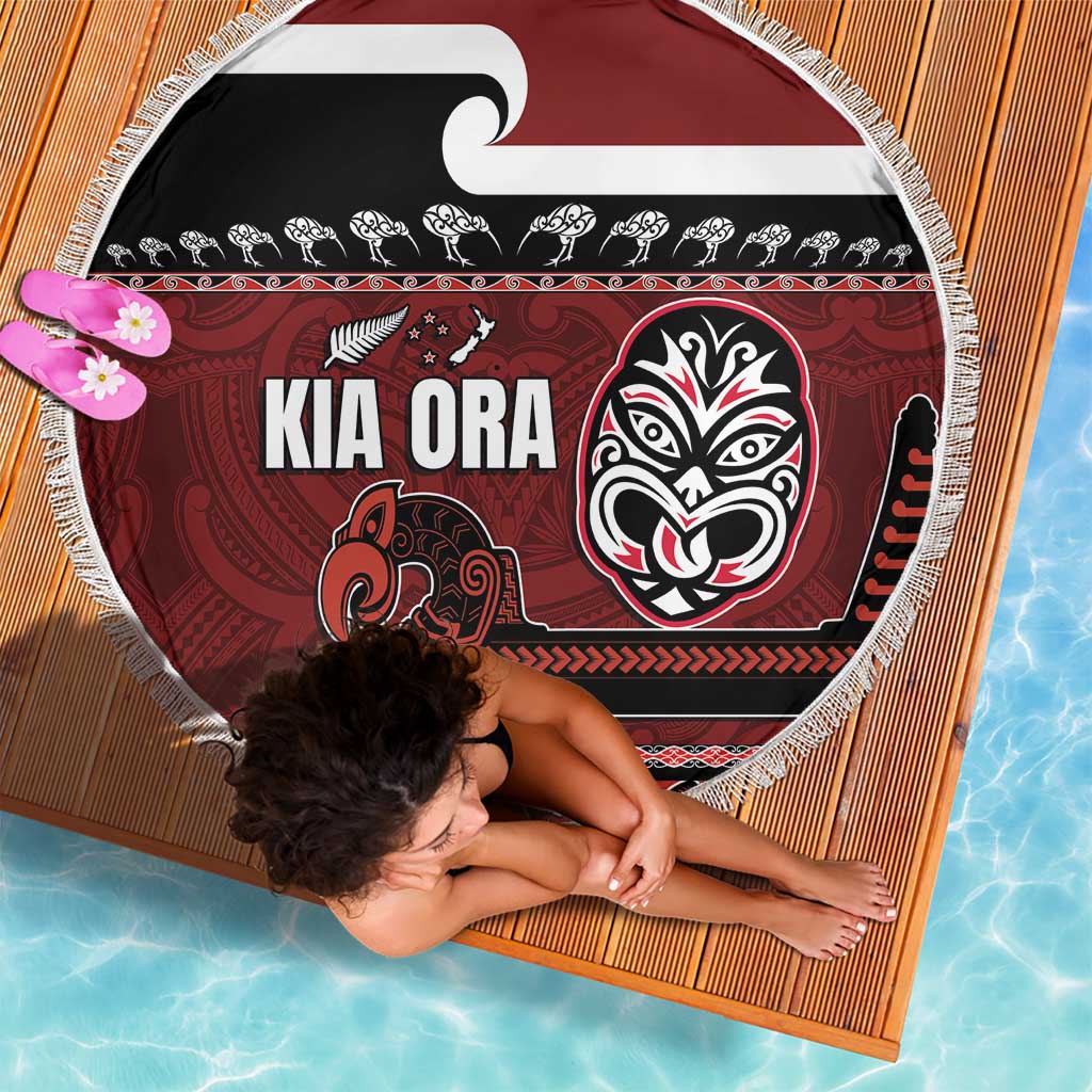 New Zealand Culture Beach Blanket Kia Ora Aotearoa Moko Tattoo Mask with Waka and Maori Art Pattern LT03 - Polynesian Pride