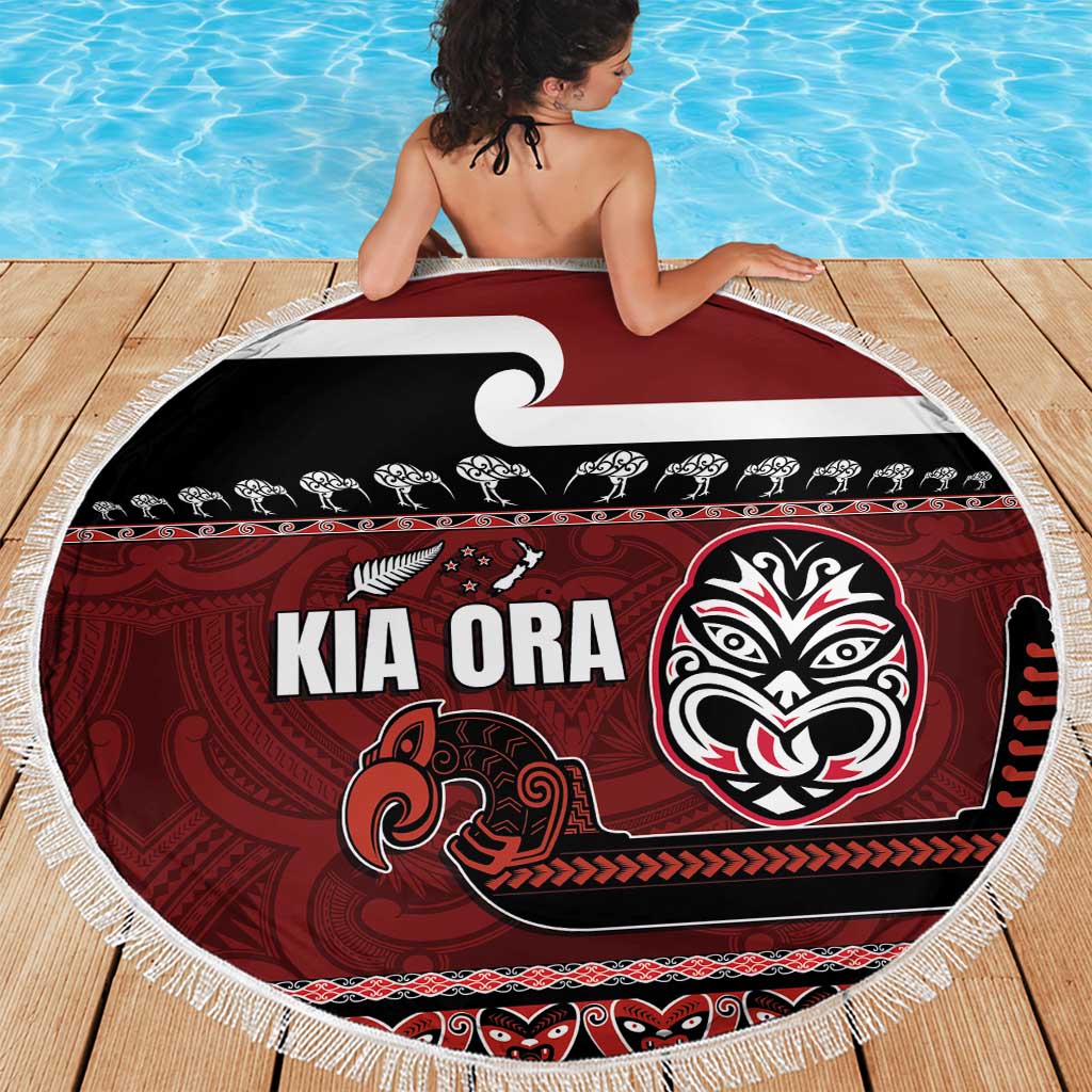 New Zealand Culture Beach Blanket Kia Ora Aotearoa Moko Tattoo Mask with Waka and Maori Art Pattern LT03 - Polynesian Pride
