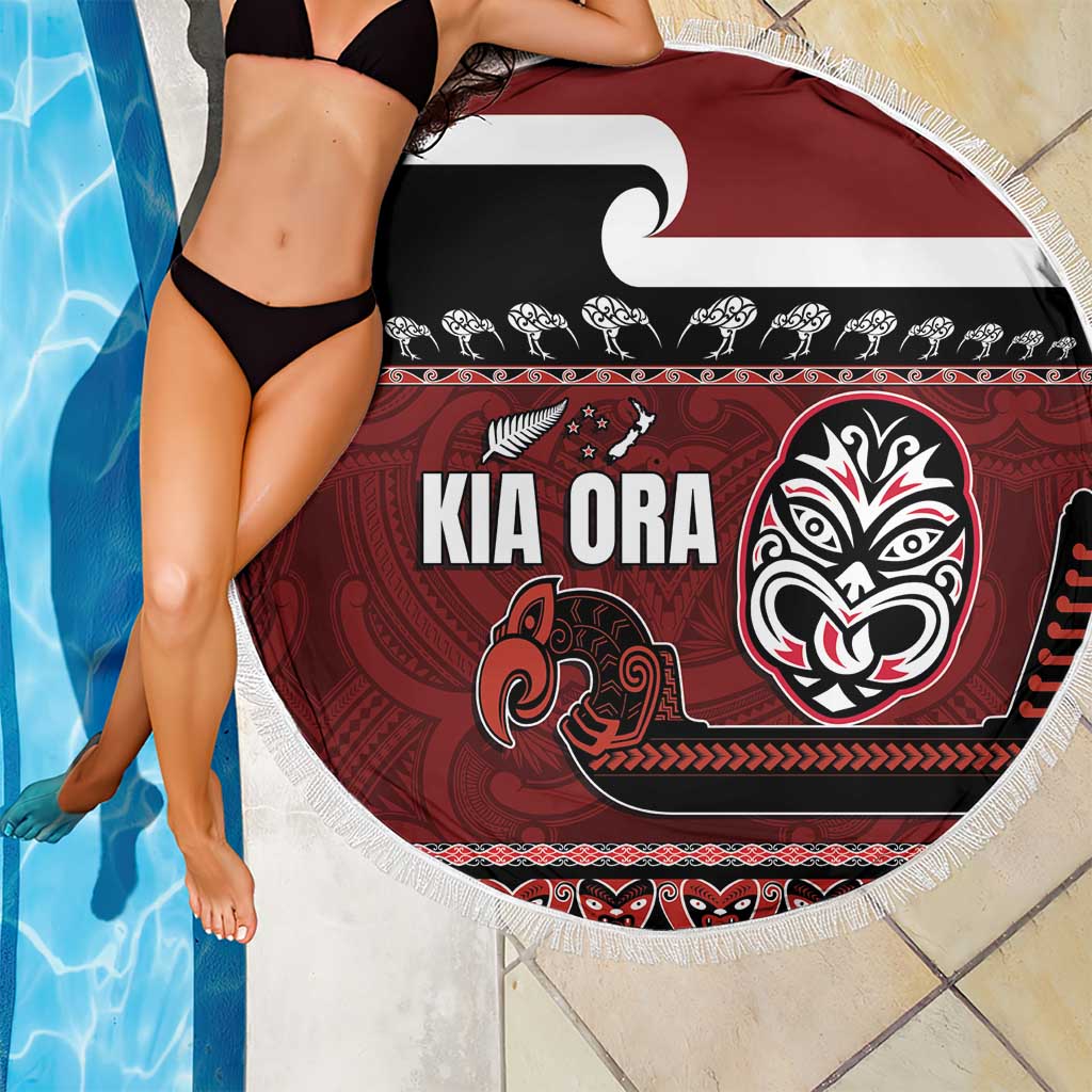 New Zealand Culture Beach Blanket Kia Ora Aotearoa Moko Tattoo Mask with Waka and Maori Art Pattern LT03 - Polynesian Pride