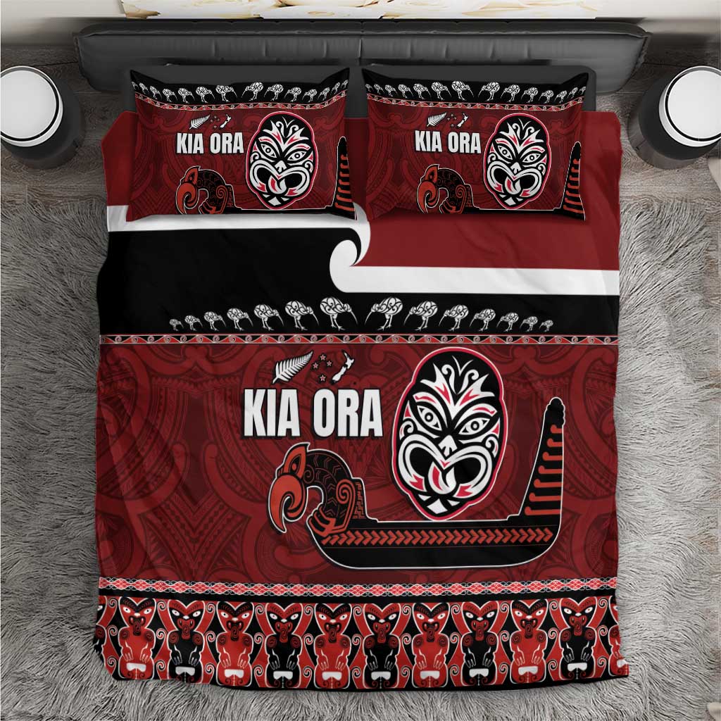 New Zealand Culture Bedding Set Kia Ora Aotearoa Moko Tattoo Mask with Waka and Maori Art Pattern LT03 Red - Polynesian Pride
