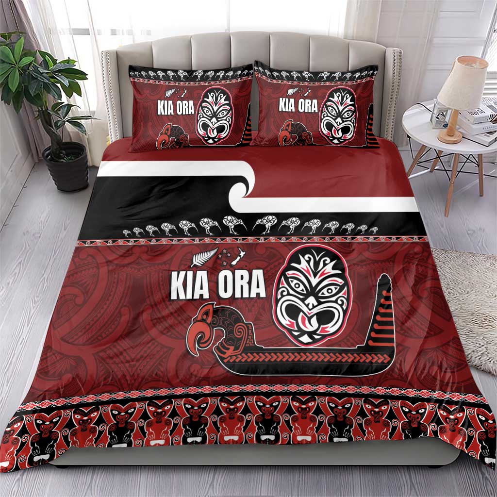 New Zealand Culture Bedding Set Kia Ora Aotearoa Moko Tattoo Mask with Waka and Maori Art Pattern LT03 - Polynesian Pride